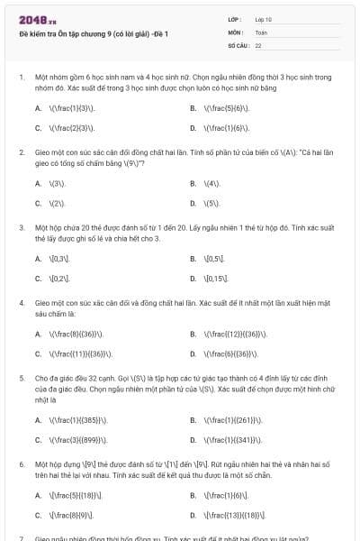 Đề kiểm tra Ôn tập chương 9 (có lời giải) -Đề 1