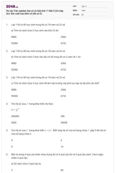 56 câu Trắc nghiệm Đại số và Giải tích 11 Bài 5 (Có đáp án): Xác suất của biến cố (Đề số 2)