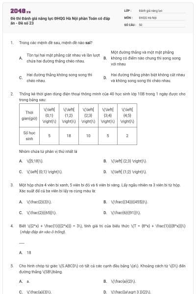 Đề thi Đánh giá năng lực ĐHQG Hà Nội phần Toán có đáp án - Đề số 23