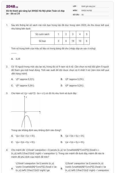 Đề thi Đánh giá năng lực ĐHQG Hà Nội phần Toán có đáp án - Đề số 24