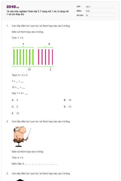 16 câu trắc nghiệm Toán lớp 2 7 cộng với 1 số, 6 cộng với 1 số (có đáp án)