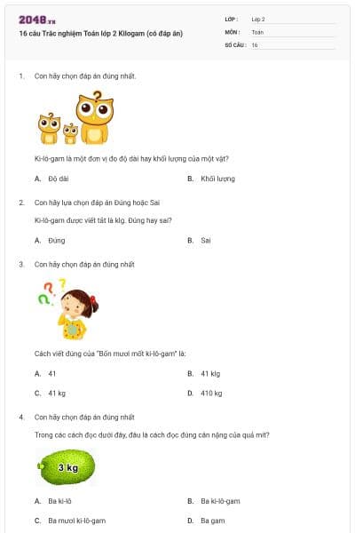 16  câu Trắc nghiệm Toán lớp 2 Kilogam (có đáp án)