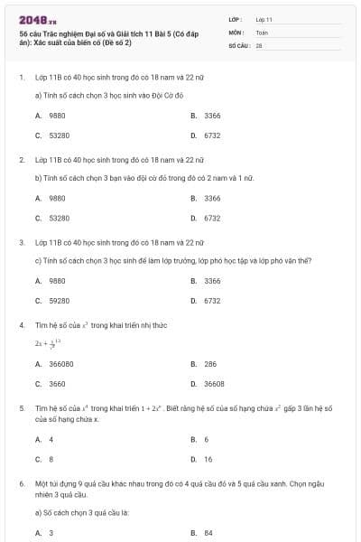 56 câu Trắc nghiệm Đại số và Giải tích 11 Bài 5 (Có đáp án): Xác suất của biến cố (Đề số 2)
