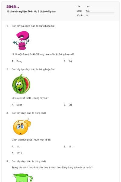 16 câu trắc nghiệm Toán lớp 2 Lít (có đáp án)