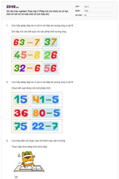 20 câu trắc nghiệm Toán lớp 2 Phép trừ (có nhớ) số có hai chữ số với số có một chữ số (có đáp án)
