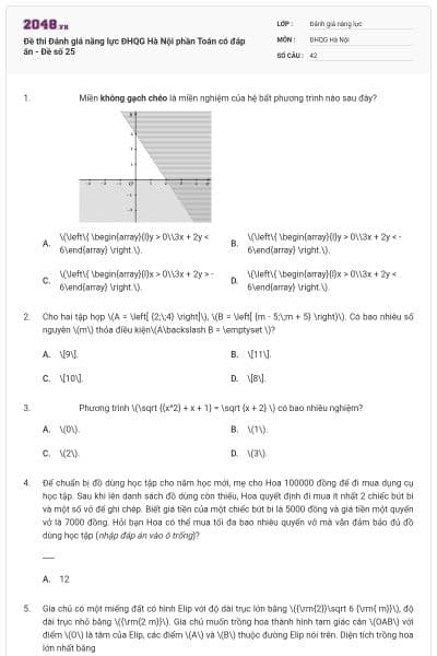 Đề thi Đánh giá năng lực ĐHQG Hà Nội phần Toán có đáp án - Đề số 25