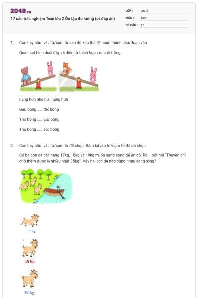 17 câu trắc nghiệm Toán lớp 2 Ôn tập đo lường (có đáp án)