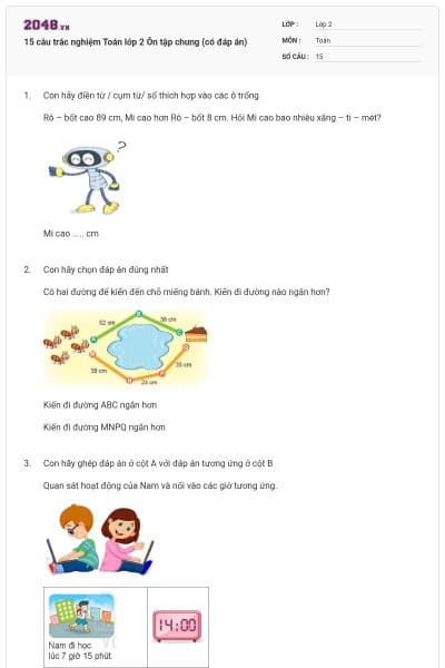 15 câu trắc nghiệm Toán lớp 2 Ôn tập chung (có đáp án)