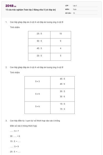 15 câu trắc nghiệm Toán lớp 2 Bảng chia 5 (có đáp án)