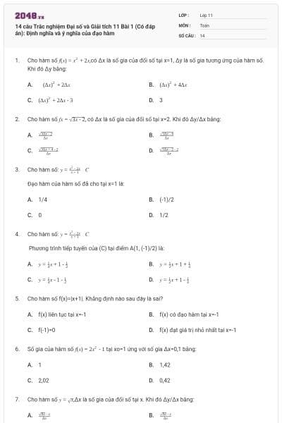 14 câu Trắc nghiệm Đại số và Giải tích 11 Bài 1 (Có đáp án): Định nghĩa và ý nghĩa của đạo hàm