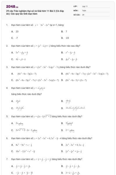 29 câu Trắc nghiệm Đại số và Giải tích 11 Bài 2 (Có đáp án): Các quy tắc tính đạo hàm