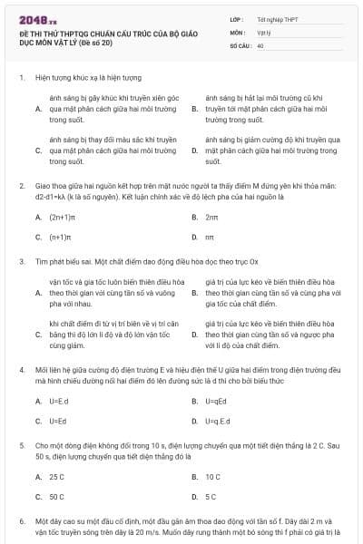 ĐỀ THI THỬ THPTQG CHUẨN CẤU TRÚC CỦA BỘ GIÁO DỤC MÔN VẬT LÝ (Đề số 20)