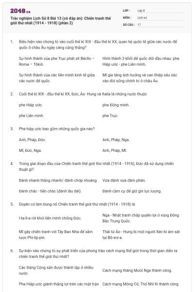 Trắc nghiệm Lịch Sử 8 Bài 13 (có đáp án): Chiến tranh thế giới thứ nhất (1914 - 1918) (phần 2)