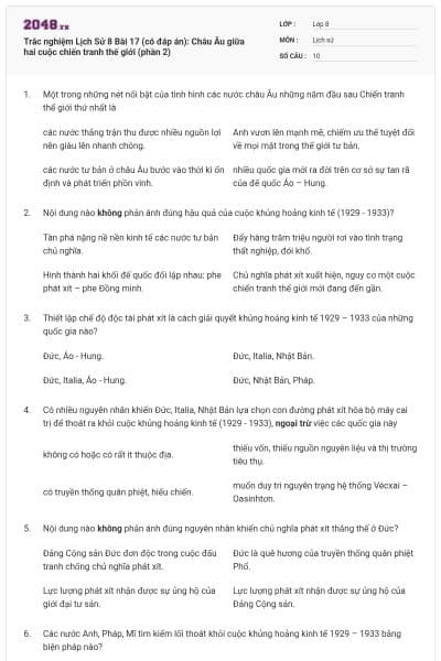 Trắc nghiệm Lịch Sử 8 Bài 17 (có đáp án): Châu Âu giữa hai cuộc chiến tranh thế giới (phần 2)