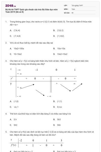 Bộ Đề thi THPT Quốc gia chuẩn cấu trúc Bộ Giáo dục môn Toán 2019 (Đề số 8)