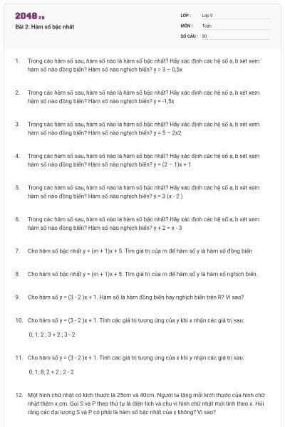 Bài 2: Hàm số bậc nhất