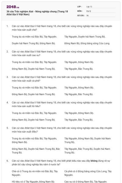 36 câu Trắc nghiệm Alat - Nông nghiệp chung (Trang 18 Atlat Địa lí Việt Nam)
