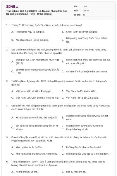 Trắc nghiệm Lịch Sử 8 Bài 20 (có đáp án): Phong trào độc lập dân tộc ở Châu Á (1918 - 1939) (phần 2)