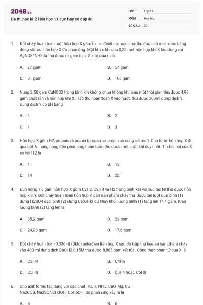 Đề thi học kì 2 Hóa học 11 cực hay có đáp án