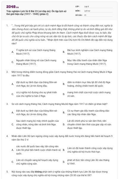 Trắc nghiệm Lịch Sử 8 Bài 23 (có đáp án): Ôn tập lịch sử thế giới hiện đại (1917 - 1945) (phần 2)