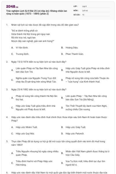 Trắc nghiệm Lịch Sử 8 Bài 25 (có đáp án): Kháng chiến lan rộng ra toàn quốc (1873 - 1884) (phần 2)