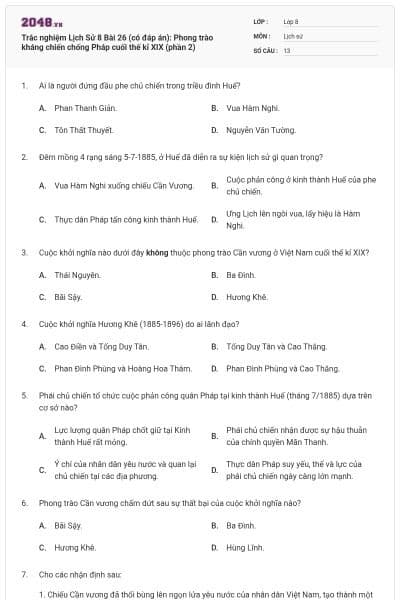 Trắc nghiệm Lịch Sử 8 Bài 26 (có đáp án): Phong trào kháng chiến chống Pháp cuối thế kỉ XIX (phần 2)
