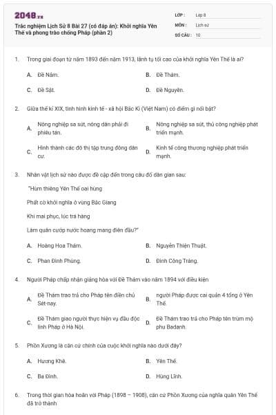 Trắc nghiệm Lịch Sử 8 Bài 27 (có đáp án): Khởi nghĩa Yên Thế và phong trào chống Pháp (phần 2)