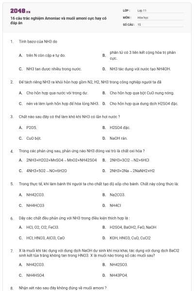 16 câu trắc nghiệm Amoniac và muối amoni cực hay có đáp án