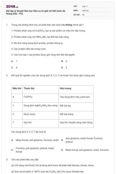 Bài tập Lý thuyết Hóa học Hữu cơ có giải chi tiết (mức độ thông hiểu - P5)