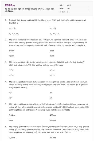 12 Bài tập trắc nghiệm Ôn tập Chương 6 Vật Lí 11 cực hay có đáp án