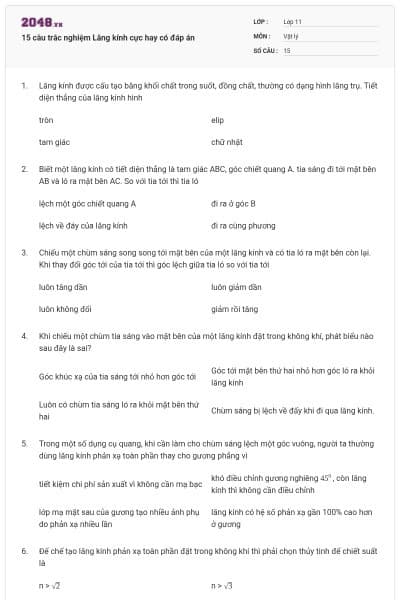 15 câu trắc nghiệm Lăng kính cực hay có đáp án