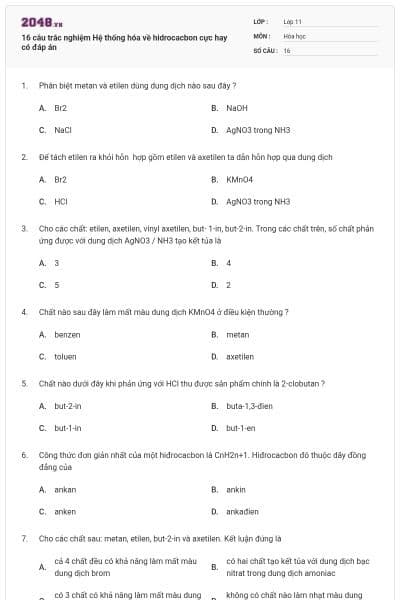 16 câu trắc nghiệm Hệ thống hóa về hidrocacbon cực hay có đáp án