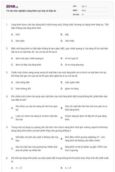 15 câu trắc nghiệm Lăng kính cực hay có đáp án