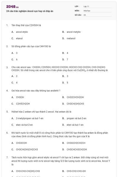 24 câu trắc nghiệm Ancol cực hay có đáp án