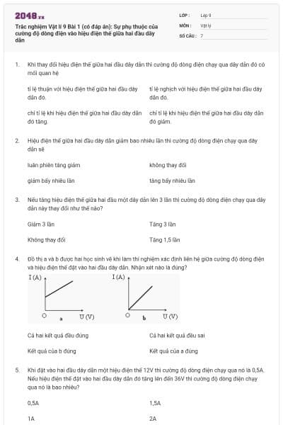 Trắc nghiệm Vật lí 9 Bài 1 (có đáp án): Sự phụ thuộc của cường độ dòng điện vào hiệu điện thế giữa hai đầu dây dẫn