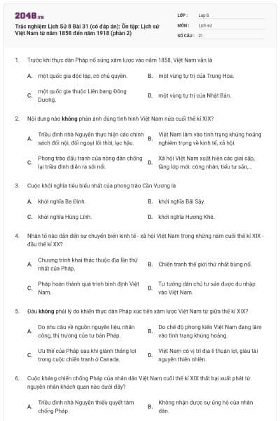 Trắc nghiệm Lịch Sử 8 Bài 31 (có đáp án): Ôn tập: Lịch sử Việt Nam từ năm 1858 đến năm 1918 (phần 2)