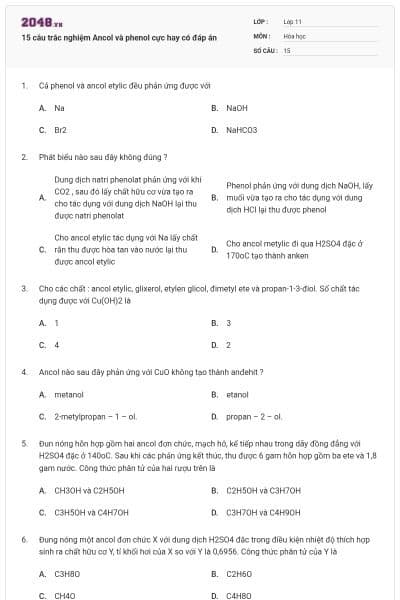 15 câu trắc nghiệm Ancol và phenol cực hay có đáp án