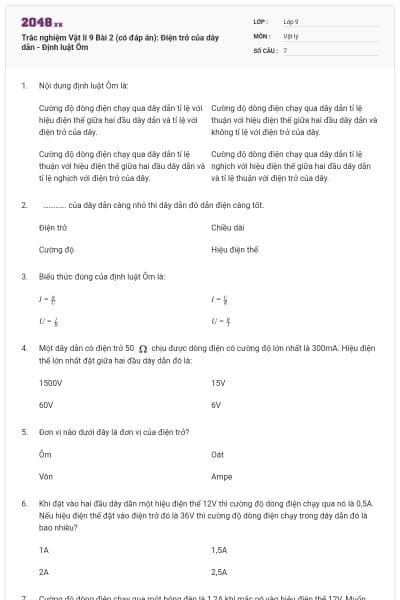 Trắc nghiệm Vật lí 9 Bài 2 (có đáp án): Điện trở của dây dẫn - Định luật Ôm