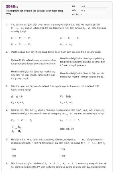 Trắc nghiệm Vật lí 9 Bài 5 (có đáp án): Đoạn mạch song song