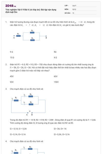 Trắc nghiệm Vật lí 9 Bài 6 (có đáp án): Bài tập vận dụng định luật Ôm