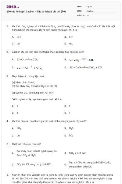 200 câu lý thuyết Cacbon - Silic có lời giải chi tiết (P6)
