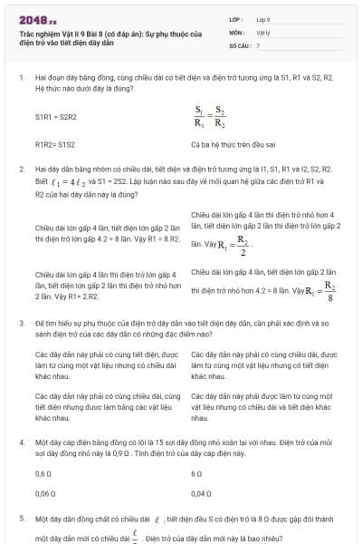 Trắc nghiệm Vật lí 9 Bài 8 (có đáp án): Sự phụ thuộc của điện trở vào tiết diện dây dẫn