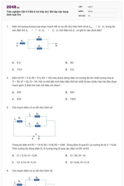 Trắc nghiệm Vật lí 9 Bài 6 (có đáp án): Bài tập vận dụng định luật Ôm