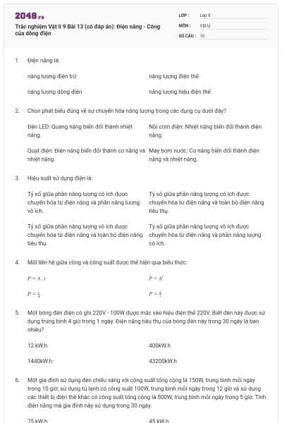 Trắc nghiệm Vật lí 9 Bài 13 (có đáp án): Điện năng - Công của dòng điện