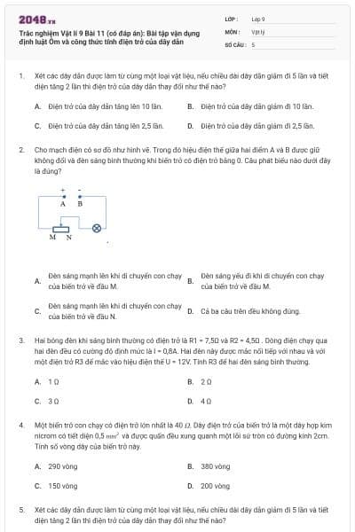 Trắc nghiệm Vật lí 9 Bài 11 (có đáp án): Bài tập vận dụng định luật Ôm và công thức tính điện trở của dây dẫn