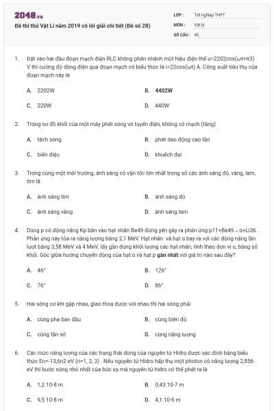 Đề thi thử Vật Lí năm 2019 có lời giải chi tiết (Đề số 28)