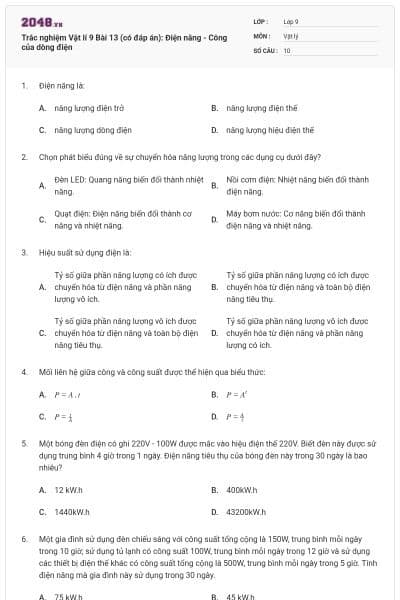 Trắc nghiệm Vật lí 9 Bài 13 (có đáp án): Điện năng - Công của dòng điện