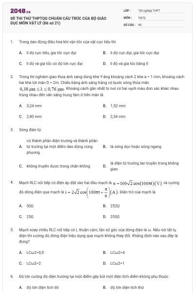 ĐỀ THI THỬ THPTQG CHUẨN CẤU TRÚC CỦA BỘ GIÁO DỤC MÔN VẬT LÝ (Đề số 21)