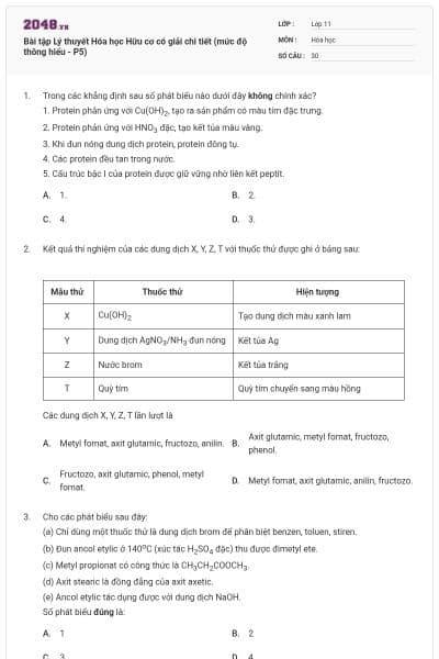 Bài tập Lý thuyết Hóa học Hữu cơ có giải chi tiết (mức độ thông hiểu - P5)
