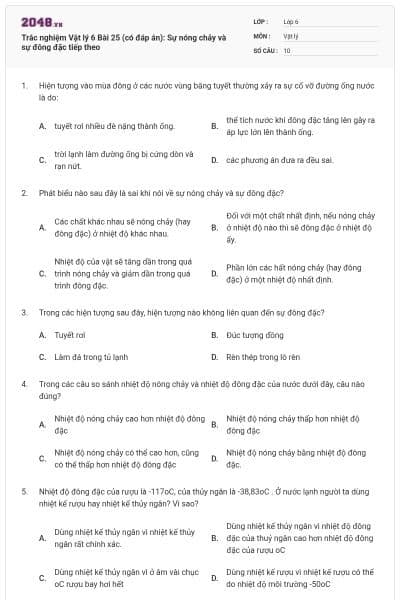 Trắc nghiệm Vật lý 6 Bài 25 (có đáp án): Sự nóng chảy và sự đông đặc tiếp theo